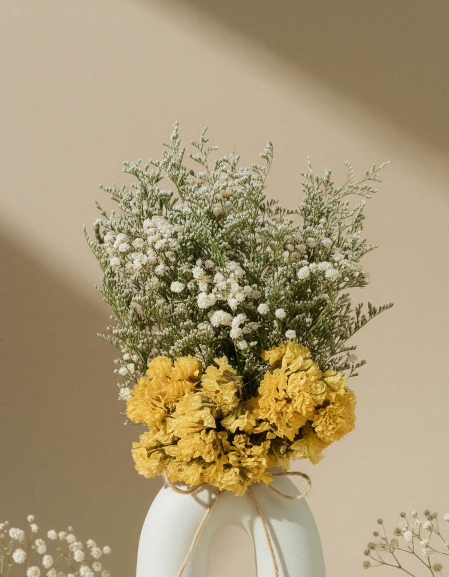 Minimalist Yellow and White Flower Arrangement in Stoneware Arch Vase